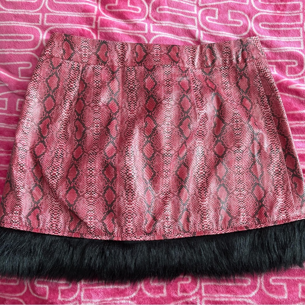 Dolls Kill Pink Snake Print Mini Skirt with Black Fur Trim
